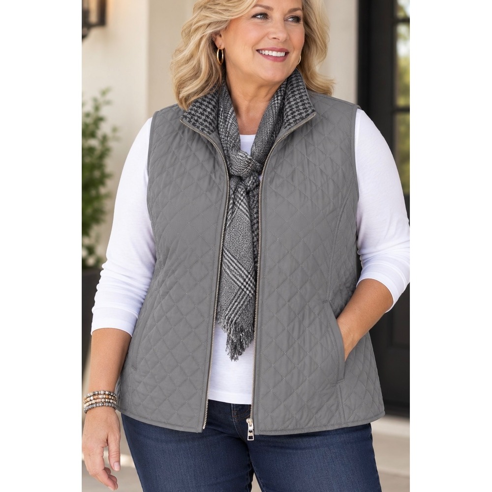 Chico's Grey Quilted Vest XL Houndstooth Lining Full Zip Sleeveless Jacket